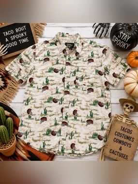 Fresh Vibes Skeleton Taco Cactus Desert Button Up Shirt Mens S